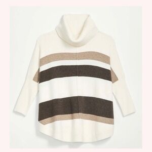 LOFT Womens Striped Cowl Neck Poncho Sweater Cream Brown Tan Small